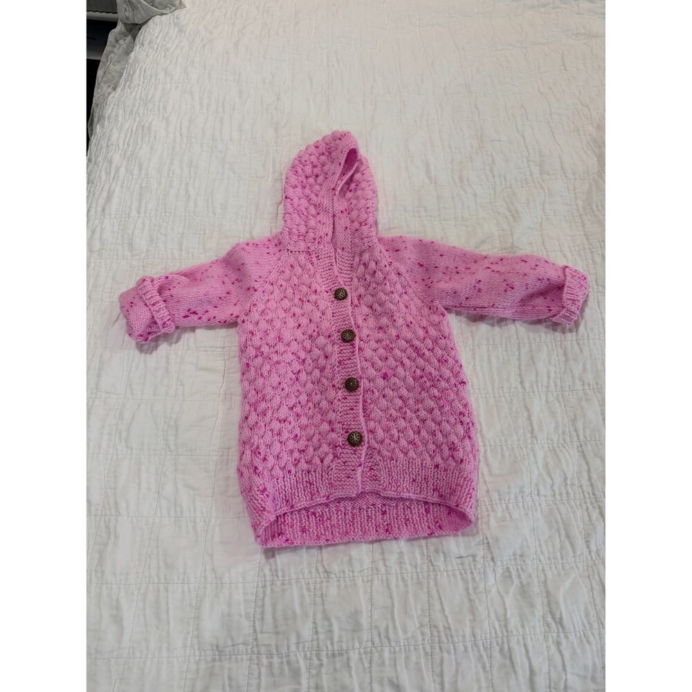 Handmade Knit Hooded Baby Cardigan Pink Bobble Wood Button Sweater